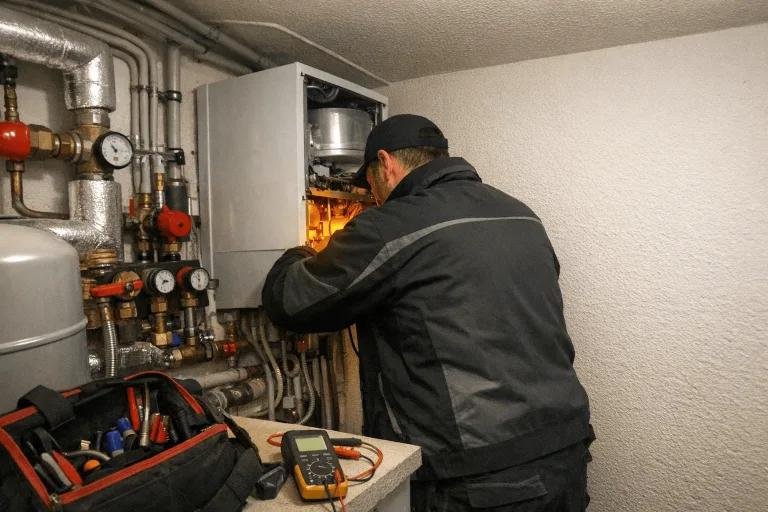 Heizungsmonteur repariert Anlage im Notfalleinsatz
